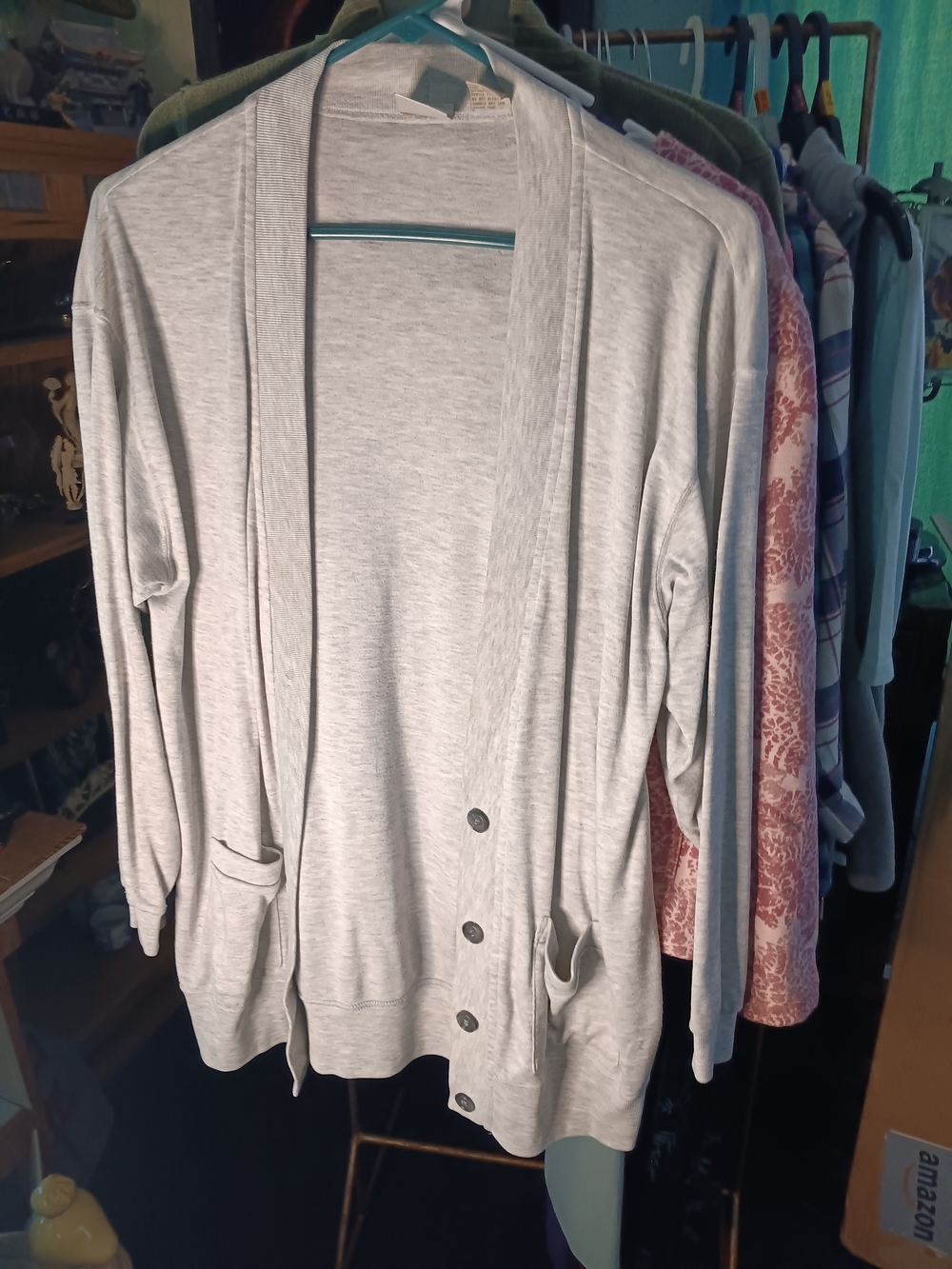 Light Gray Open-Front Button Cardigan Sweater